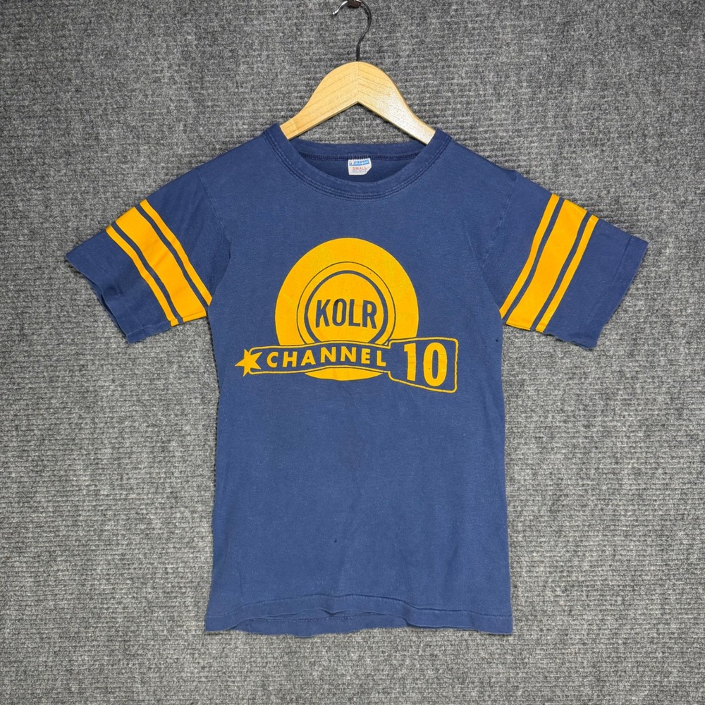 Vintage 70s Champion KOLR Channel 10 Blue Baby Tee Striped Sleeve S